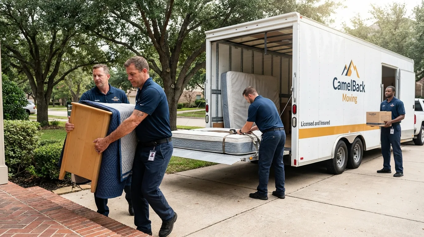 Crew loading residential truck for cross-state move from Flower Mound, TX