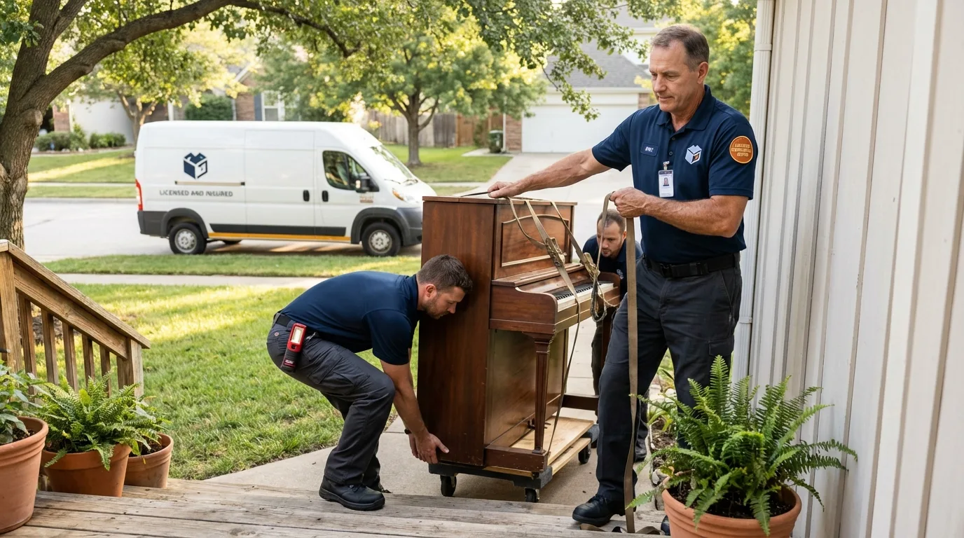 Licensed piano movers securing grand piano in Flower Mound, TX