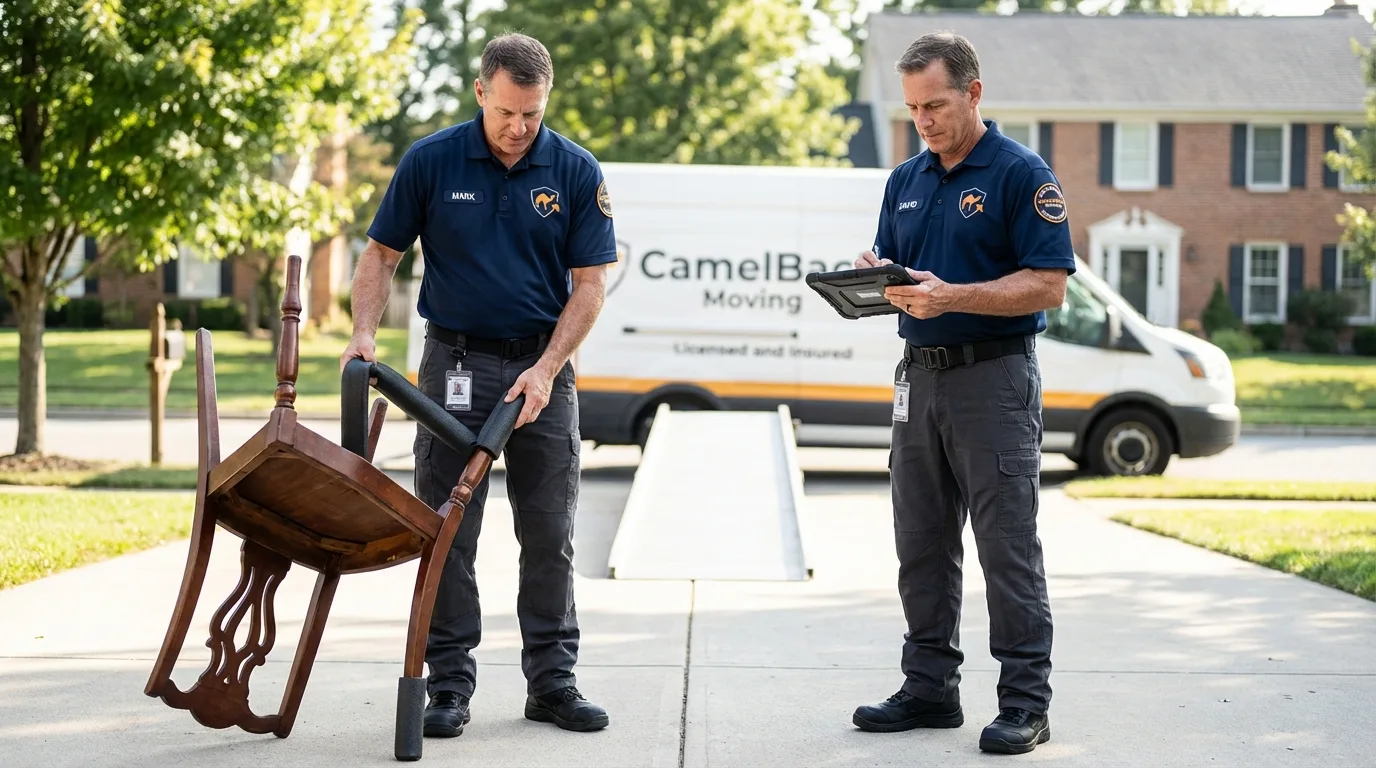 Movers inspecting furniture for damage prevention before loading in Flower Mound, TX