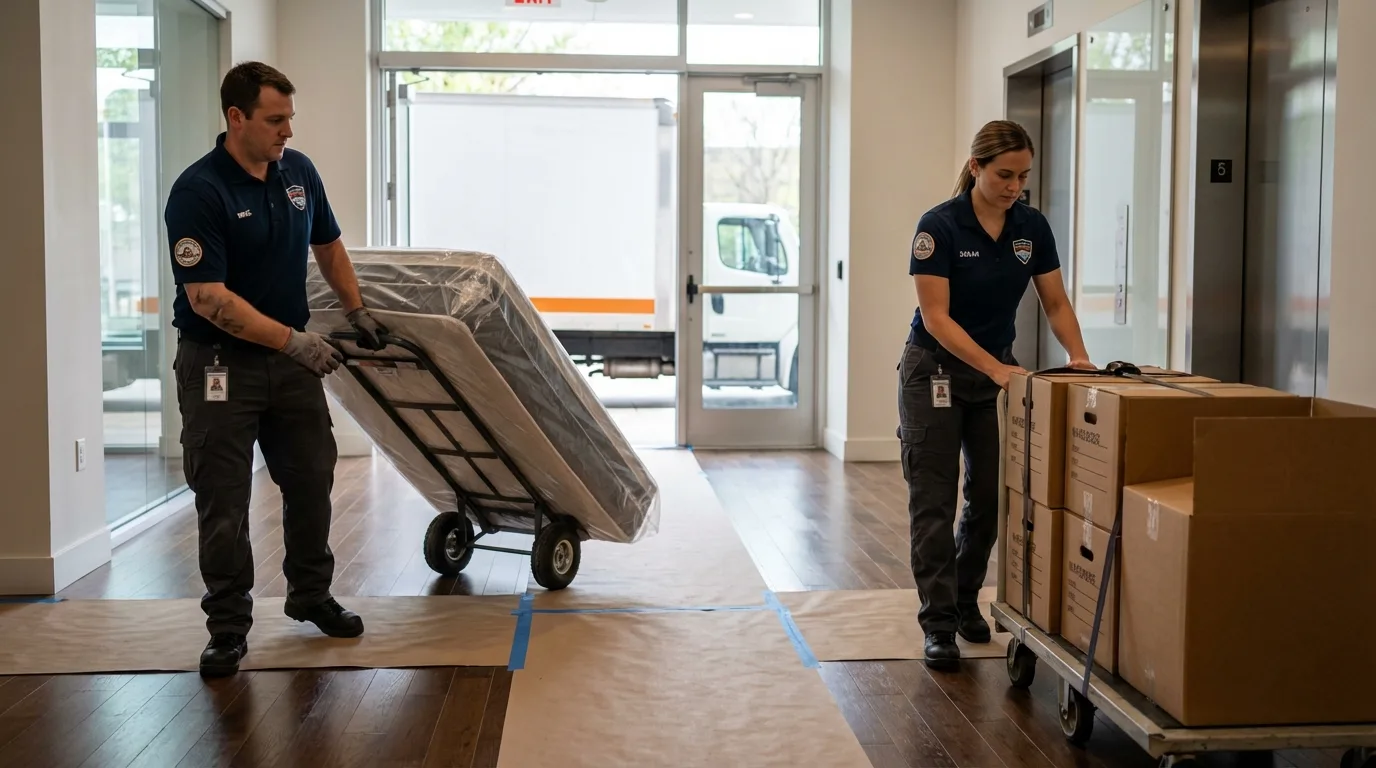 Professional apartment movers loading elevator in Flower Mound, TX