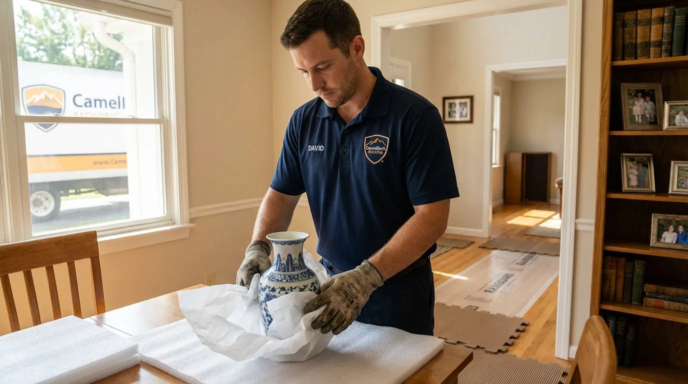 Professional crew carefully wrapping antique vase for senior downsizing move in Flower Mound, TX