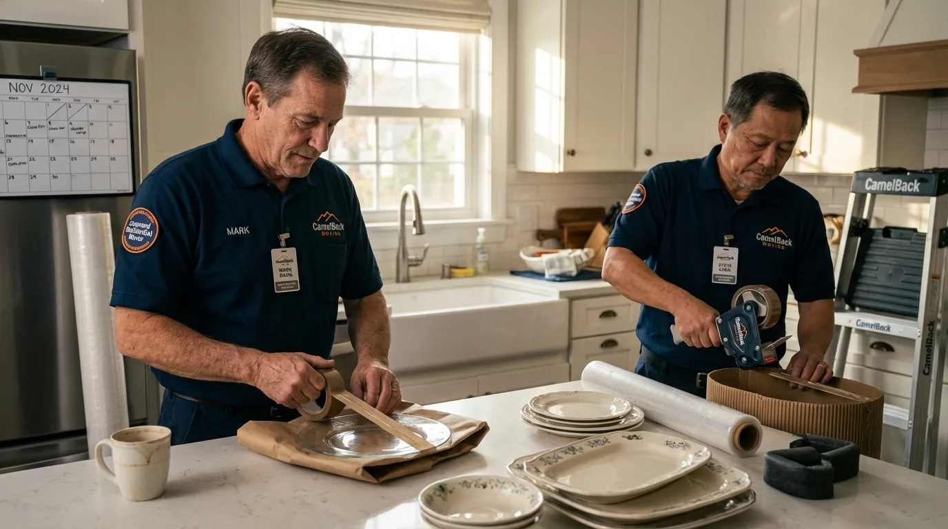 Professional crew packing kitchen dishware in Flower Mound, TX